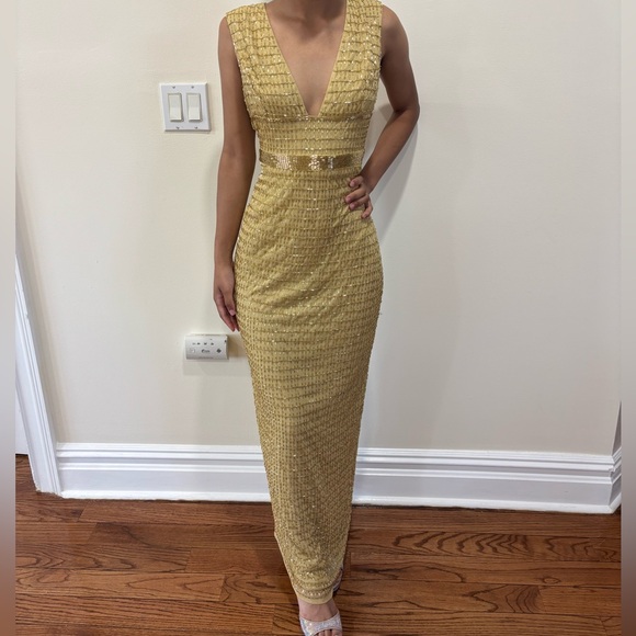 Mac Duggal Gold Sequin Maxi Dress